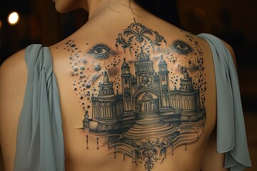 Obraz premium Enchanting Tattooed Woman Admiring Underwater City in Majestic Dress