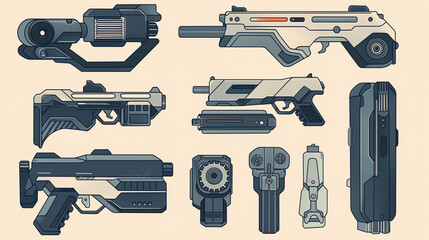 Digital artwork featuring an assortment of stylized, futuristic guns with a retro-futuristic design