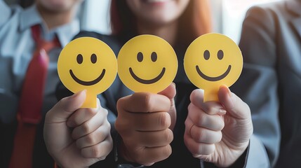 a woman holds up a yellow smiley face with a smile on her face, Generative AI illustrations. 