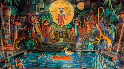 Obraz premium American Democracy, American society, whimsical fantasy scenes painted with bold colors, ancient Egyptian tomb paintings, 8k