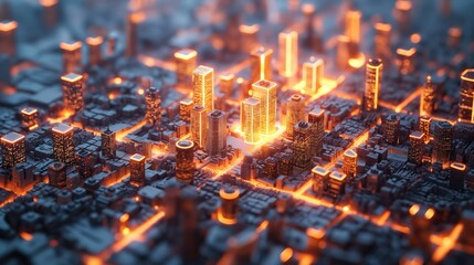Illuminated Miniature Cityscape with Glowing Skyscrapers at Night