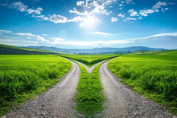 Two roads cross each other in the distance, with green grass on both sides and blue sky above, creating an empty scene.