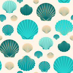 Sea shells seamless pattern on light background in simple flat style. Trendy pattern for fabric, textile, wrapping paper, wallpaper, stickers, notebook cover. Vector illustration