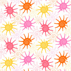 Seamless pattern with bright colorful Sea shells on white background in modern flat style. Trendy pattern for fabric, textile, wrapping paper, wallpaper, stickers, notebook cover. Vector illustration