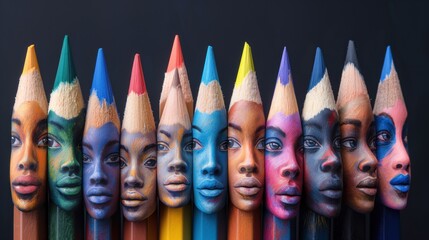 Colorful Pencils with Multicultural Faces Painted on Tips