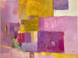A painting with a pink background and yellow squares. The squares are of different sizes and colors. The painting has a lot of texture and seems to be abstract