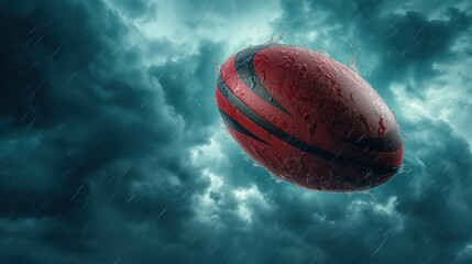 Rugby Ball in Rainstorm with Dramatic Sky