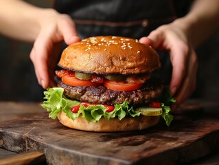 A person is holding a large hamburger with lettuce and tomato on it. The burger is on a wooden cutting board - Powered by Adobe