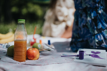 Sisters bond while painting together at a picnic in a sunny park, surrounded by nature and snacks.