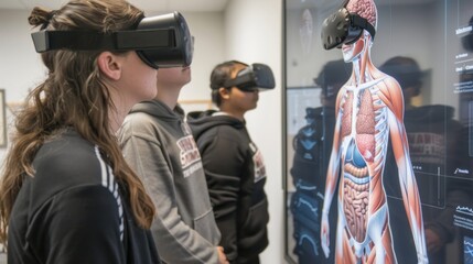 A group of students huddle around a virtual reality display diving into an educational simulation about the inner workings of the human body.