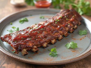 Ribs are on a plate with a side of parsley. The ribs are covered in barbecue sauce and are served with a side of parsley