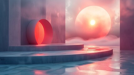 A minimalist stage with geometric shapes and fog, designed to draw attention to the product in a sophisticated manner. Illustration image,