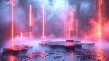 A stage with tiered geometric platforms and soft fog, designed to elevate and emphasize the product in a minimalist setting. Illustration image,
