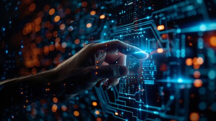 Digital technology, internet network connection concept. Finger touching on virtual screen with futuristic technology background, data exchange, digital transformation