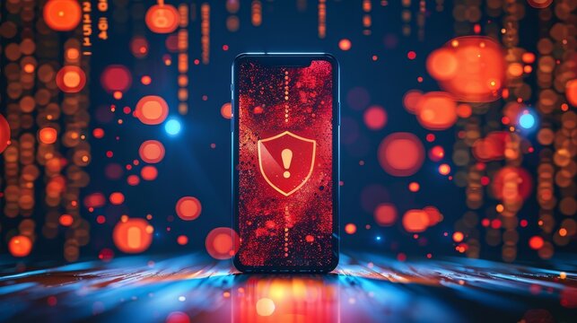 Vector flat illustration of mobile security concept and an exclamation mark, shield icon, popup window on smartphone screen showing a system is being damaged