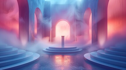 Abstract geometric shapes creating a layered backdrop with a central podium, with fog adding a mysterious touch to the presentation. Illustration image,