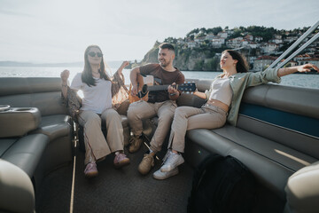 Three happy friends relaxing on a boat, with one playing guitar and others enjoying the view of a...