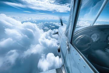 A pilot is view from the cockpit and control panel of an airplane flying above the clouds. Aircraft interior or cock pit view while pilot flying plane with white cloud. Front glass of plane. AIG42.