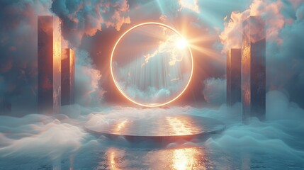 A circular podium surrounded by 3D geometric shapes, with light beams piercing through a thin layer of fog for a dramatic effect. Illustration image,