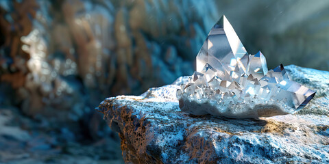 The Crystalline Eyes of Steel: A sparkling geode rests on a smooth rock in the cave, its facets catching the light.