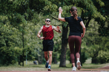Two fitness enthusiasts, a man and a woman, enjoy a run in the lush green surroundings of a park, sharing a high-five as they pass each other.
