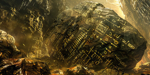 The Ancient Lore of the Forgotten Lands: A towering, intricately carved stone pillar, standing amidst the dimly lit depths of a mysterious underground chamber, its surface covered in cryptic symbols a