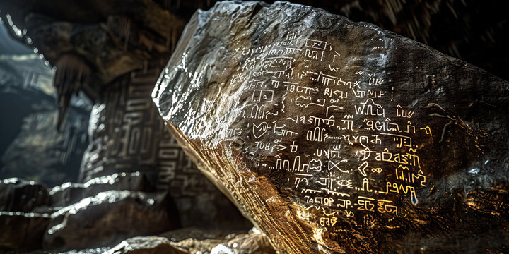 The Ancient Lore of the Forgotten Lands: A towering, intricately carved stone pillar, standing amidst the dimly lit depths of a mysterious underground chamber, its surface covered in cryptic symbols a