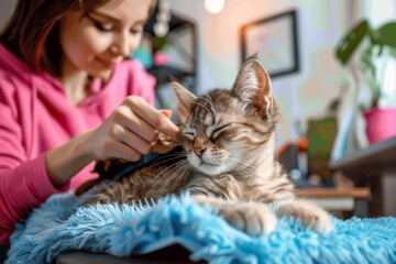 Woman grooming a cat. Pet care and grooming concept