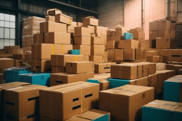 Cardboard box packages in storage warehouse for distribution delivery