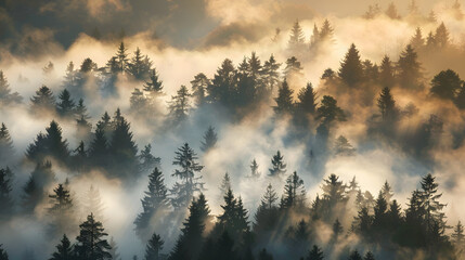 Ethereal morning light filters through the mist in a dense coniferous forest