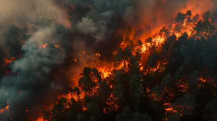Aerial view of a devastating forest fire at night, with flames and smoke spreading