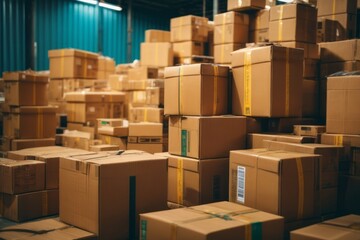 Cardboard box packages in storage warehouse for distribution delivery