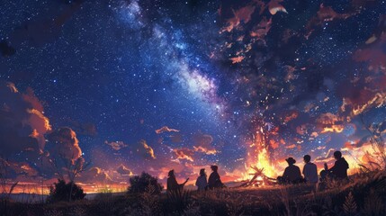 A nomadic tribe gathered around a campfire, sharing stories under a starry sky,