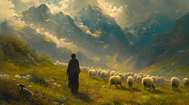 A nomadic herder tending to a flock of sheep in a highland meadow,
