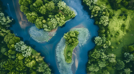 Aerial view of serpentine river through lush forest