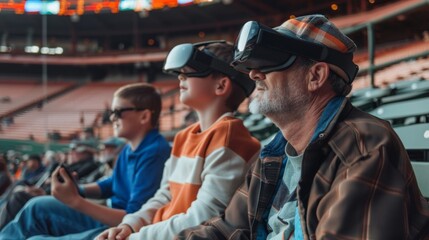 A father and son sit in the stands of a baseball game both wearing AR headsets that give them an immersive and informative viewing experience.