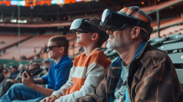 A father and son sit in the stands of a baseball game both wearing AR headsets that give them an immersive and informative viewing experience.