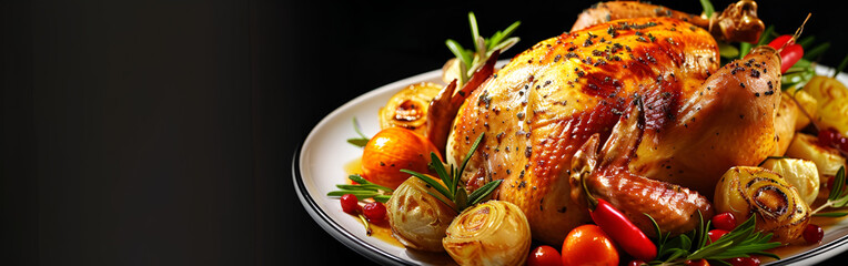 Succulent Roasted Chicken Surrounded by Fresh Garden Vegetables gratitude on black background
