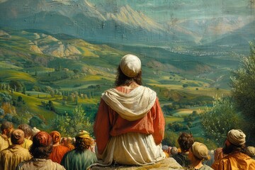 Biblical drama: vivid portrayal of Jesus Sermon on the Mount, capturing the essence of his teachings and timeless wisdom