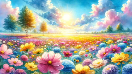 花畑の背景イラスト：色とりどりの花の楽園