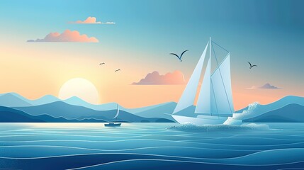 Fathers day card mockup, A white sailboat sails across a calm ocean at sunset with mountains in the distance.