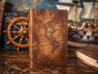 Fathers day card mockup, Leather bound journal with a vintage world map design, resting on a wooden table with nautical decor. © LittleDreamStocks