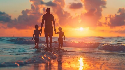 Fathers day card mockup, Silhouette of a father and his two children walking on a beach at sunset.  The warm glow of the setting sun casts long shadows on the sand.