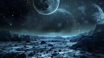 Majestic alien landscape with moons and stars