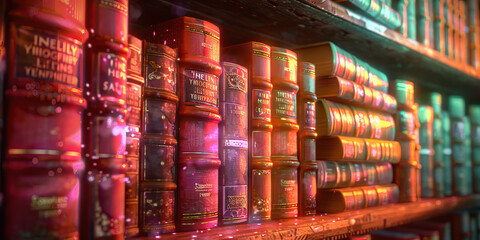 The Living Library: A shelf filled with countless books, their spines glowing with an inner light, as if imbued with knowledge