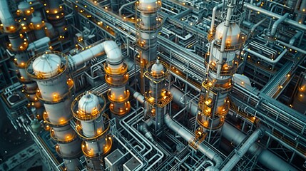 Industrial Background, Aerial view of a chemical plant with complex piping networks and large reactors, highlighting the scale and complexity of the operations. Illustration image,