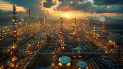 Fototapeta premium Industrial Background, Aerial view of a chemical plant with complex piping networks and large reactors, highlighting the scale and complexity of the operations. Illustration image,