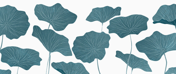 Art background with lotus leaves with hand drawn line art elements. Botanical banner for design of wallpaper, packaging, poster, print, cover, textile, interior design.