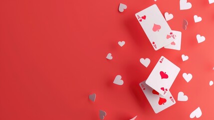 Minimalist style, playing card queen of hearts falling on a red background in an isometric view, 3d rendering