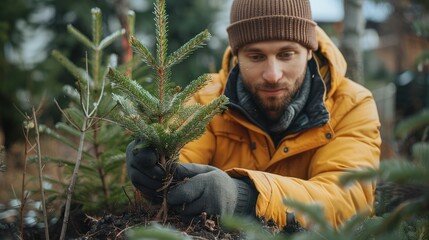 Planting a Christmas Tree: Young Man Cultivating Picea Pungens and Abies Nordmanniana Spruce and Fir in his Garden for Festive Celebrations